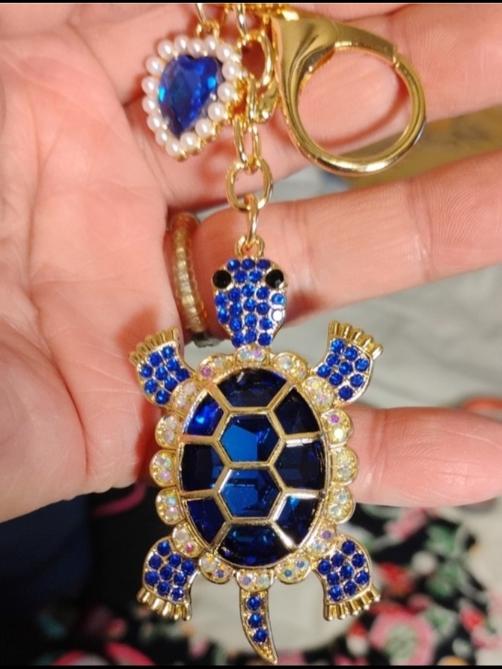 Gold-Tone Blue Crystal Turtle Keychain